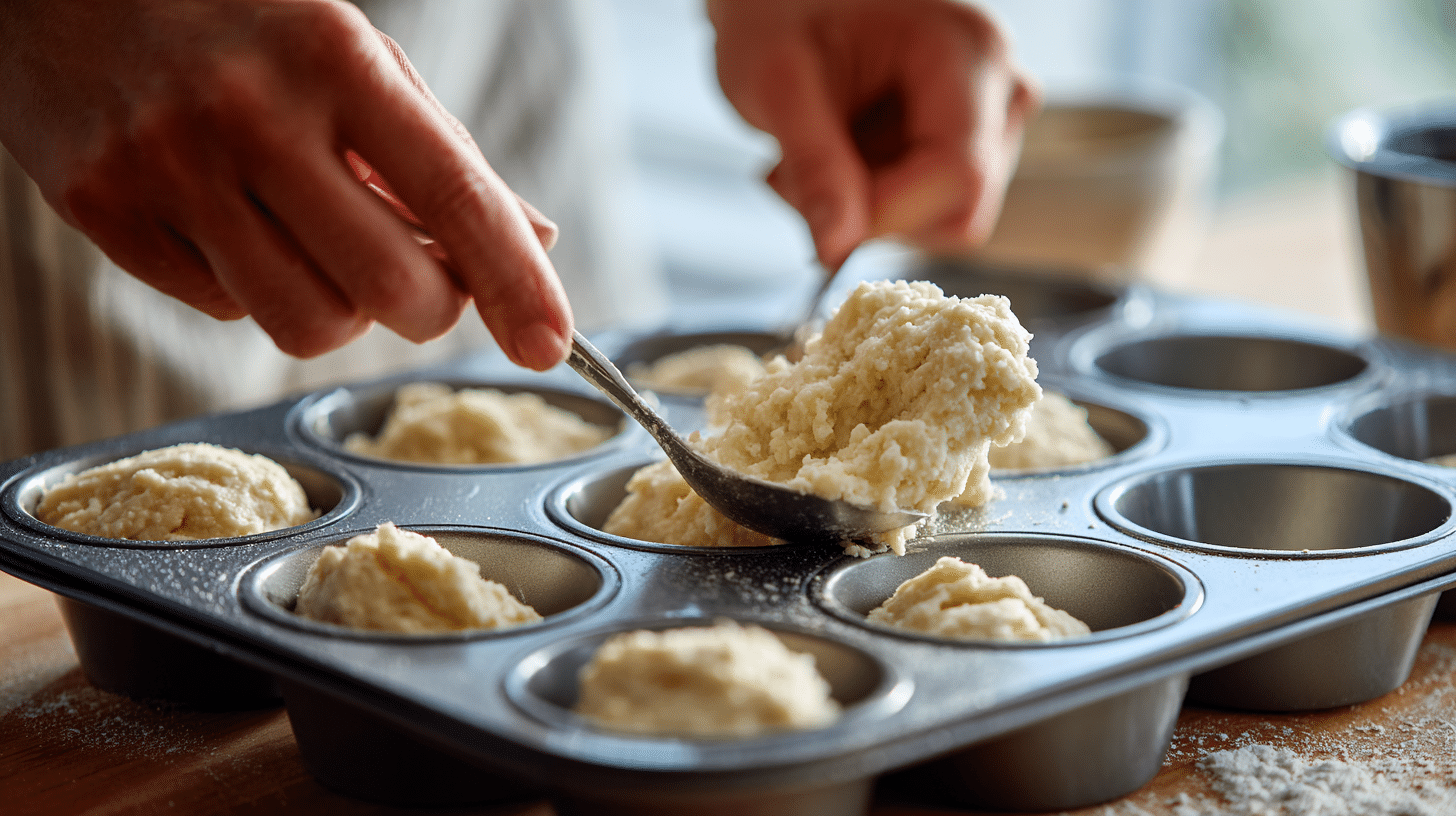 making-fluffy-cottage-cheese-pancake-bites-process Hands spooning cottage cheese pancake batter into a muffin tin in a home kitchen.