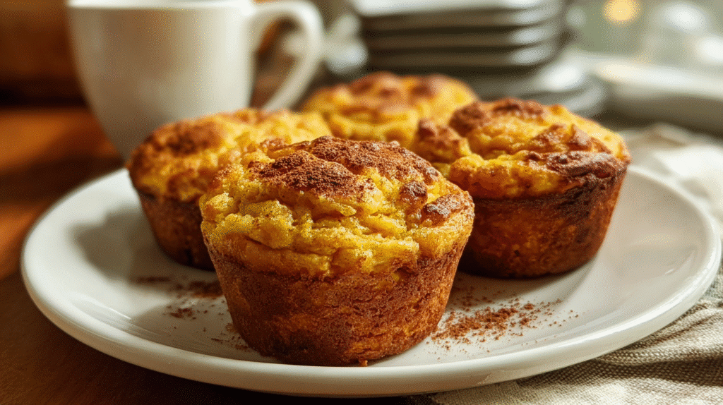 Pumpkin Spice Cottage Cheese Protein Muffins – High-Protein & Fall-Inspired 4 Close-up of pumpkin spice cottage cheese protein muffins on a white plate, casually photographed with an iPhone on a wooden kitchen table in natural daylight.