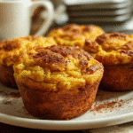 Pumpkin Spice Cottage Cheese Protein Muffins – High-Protein & Fall-Inspired 6 Close-up of pumpkin spice cottage cheese protein muffins on a white plate, casually photographed with an iPhone on a wooden kitchen table in natural daylight.
