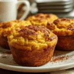 Close-up of pumpkin spice cottage cheese protein muffins on a white plate, casually photographed with an iPhone on a wooden kitchen table in natural daylight.