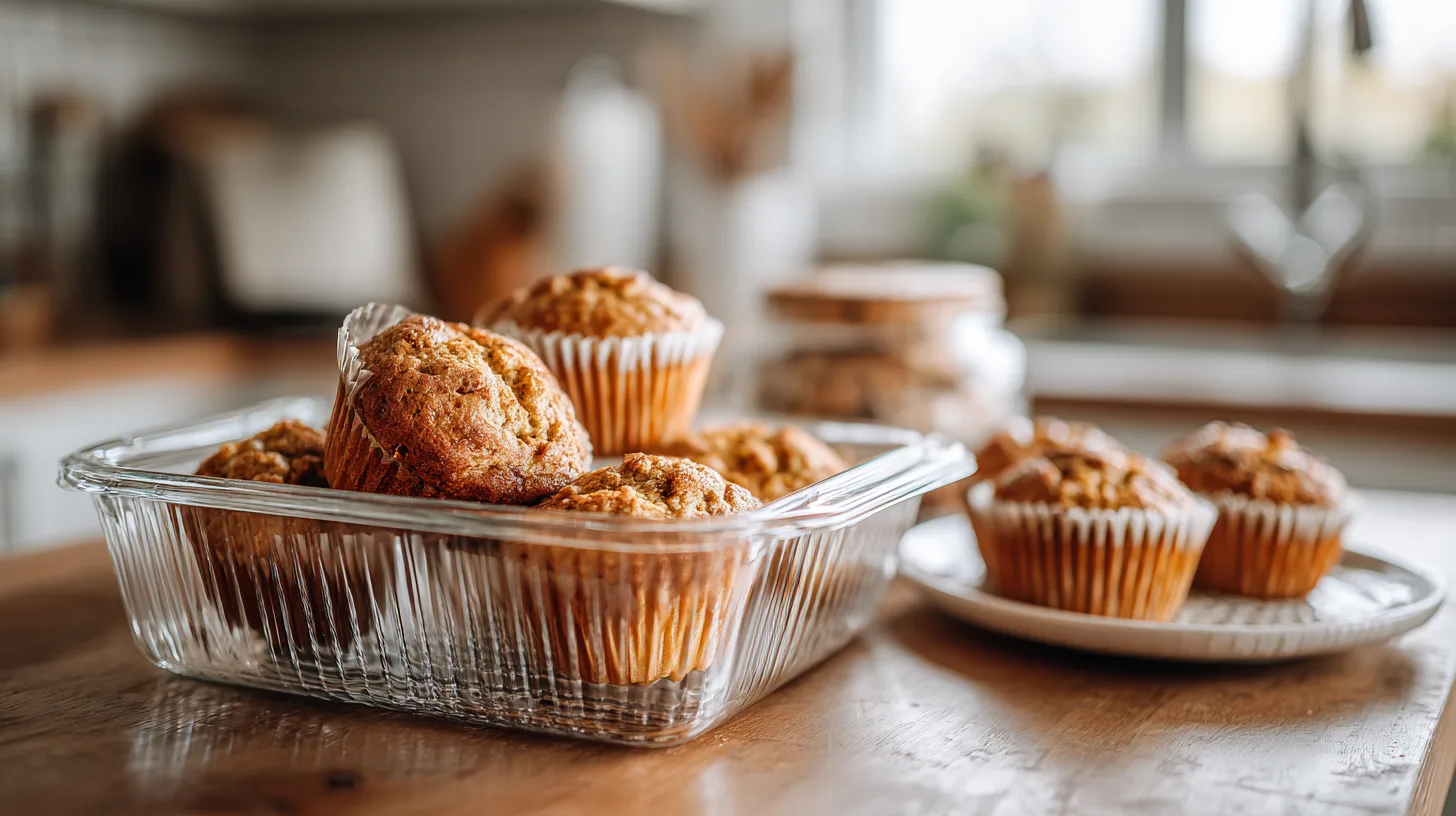 pumpkin-spice-cottage-cheese-muffins-storage Pumpkin spice cottage cheese muffins stored in a glass container with a few served on a plate.