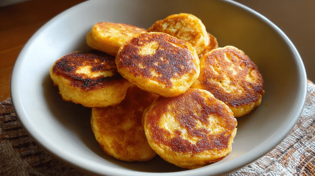 Pumpkin Spice Cottage Cheese Pancake Bites – Fluffy, Sweet & Low-Sugar 4 Pumpkin spice cottage cheese pancake bites served on a plate in a cozy kitchen