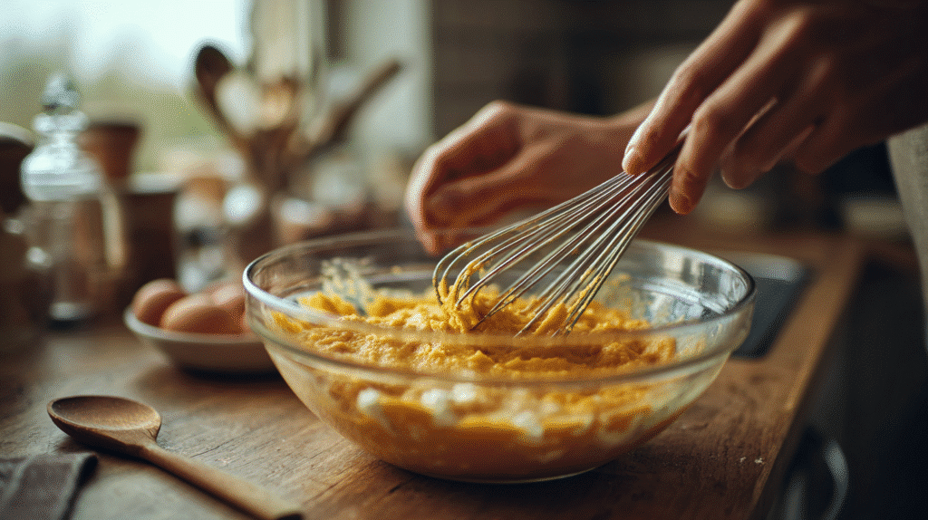 Pumpkin Spice Cottage Cheese Pancake Bites – Fluffy, Sweet & Low-Sugar 5 Hands mixing pumpkin spice cottage cheese pancake batter in a glass bowl