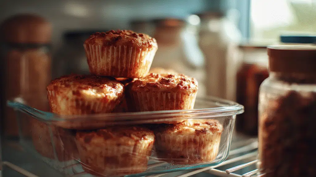 Close-up of pumpkin spice cottage cheese protein muffins stored in a glass container in a fridge, taken with an iPhone in natural daylight.