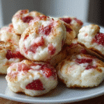 Strawberry Vanilla Cottage Cheese Pancake Bites – Sweet, Fluffy & High-Protein 2 Strawberry Vanilla Cottage Cheese Pancake Bites on a kitchen table in natural light