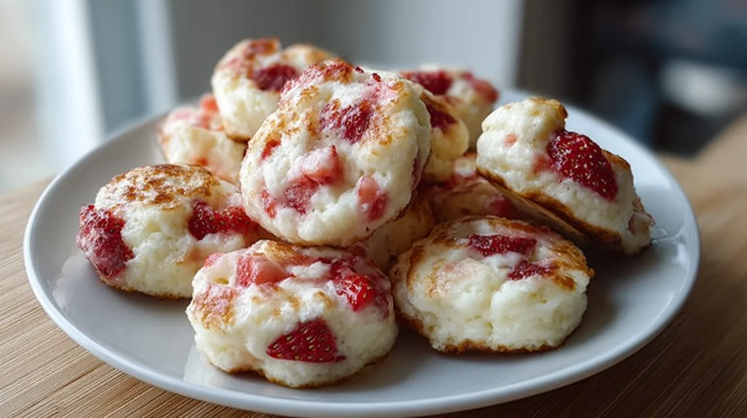 strawberry-vanilla-cottage-cheese-pancake-bites-featured Strawberry Vanilla Cottage Cheese Pancake Bites on a kitchen table in natural light