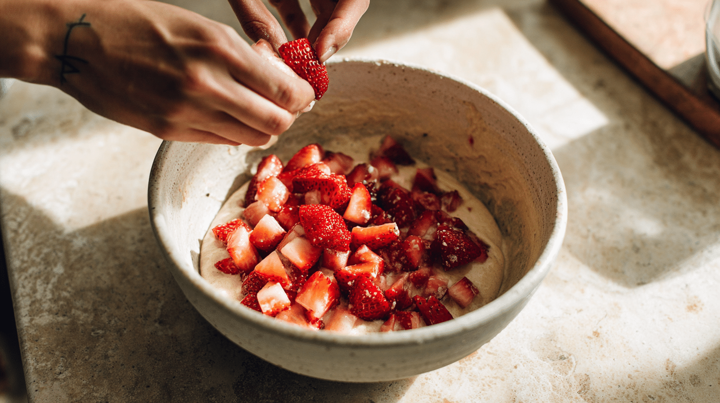 strawberry-vanilla-cottage-cheese-pancake-bites-prep Hands folding fresh strawberries into cottage cheese pancake batter in a mixing bowl
