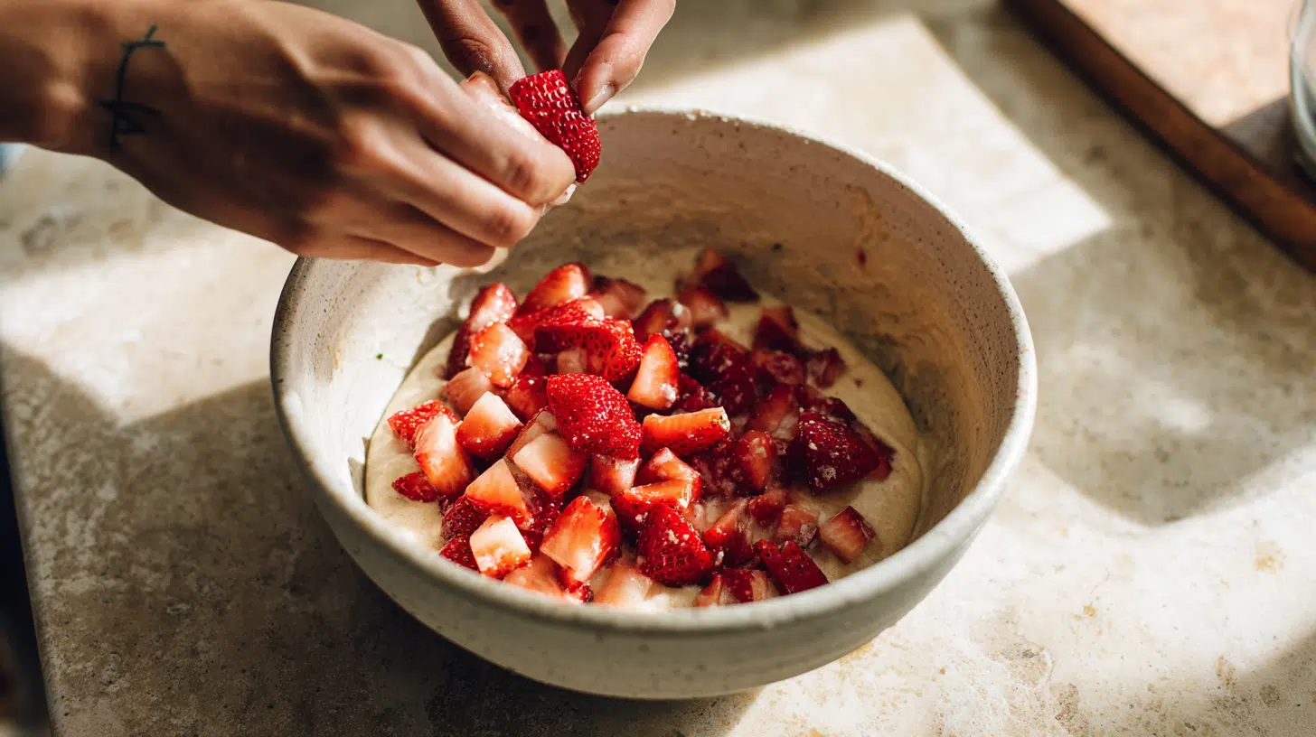 strawberry-vanilla-cottage-cheese-pancake-bites-prep Hands folding fresh strawberries into cottage cheese pancake batter in a mixing bowl