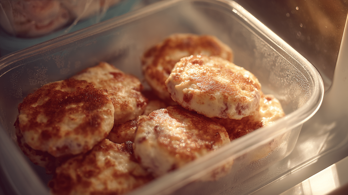 strawberry-vanilla-cottage-cheese-pancake-bites-storage Strawberry Vanilla Cottage Cheese Pancake Bites stored in a container inside a fridge