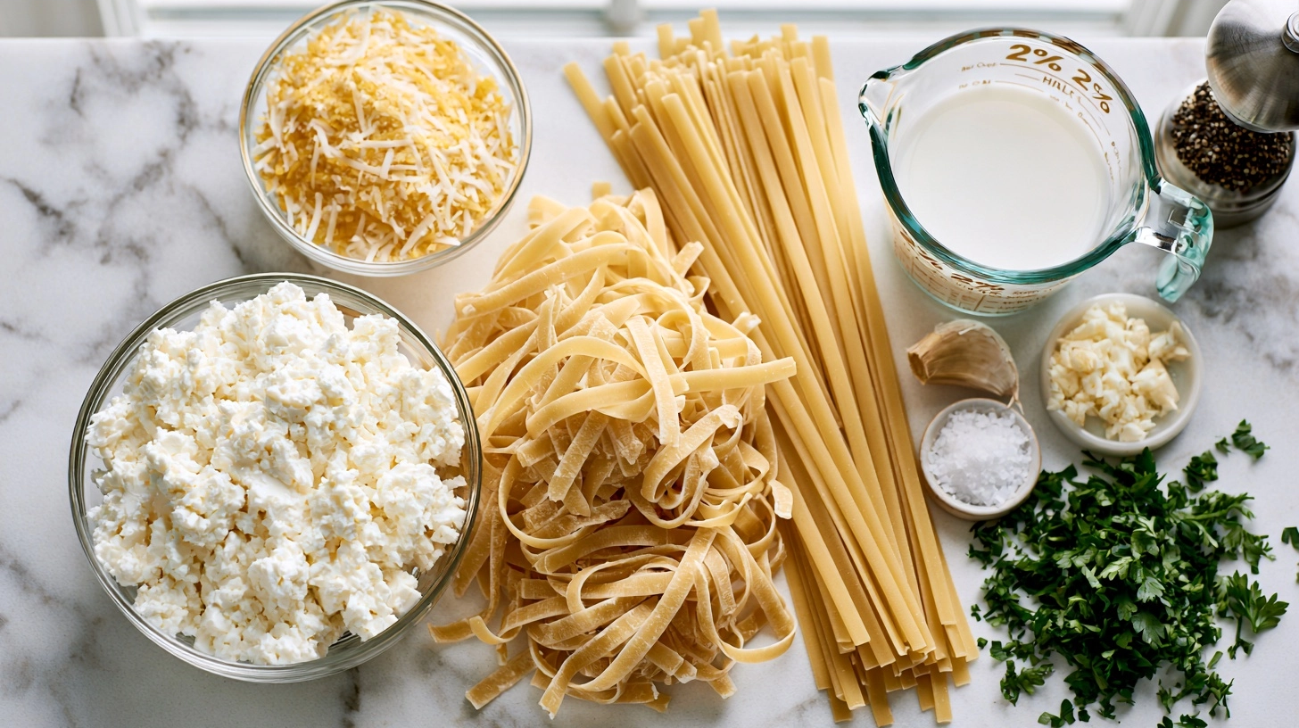Cottage Cheese Alfredo Ingredients ingredients for cottage cheese Alfredo laid out on marble