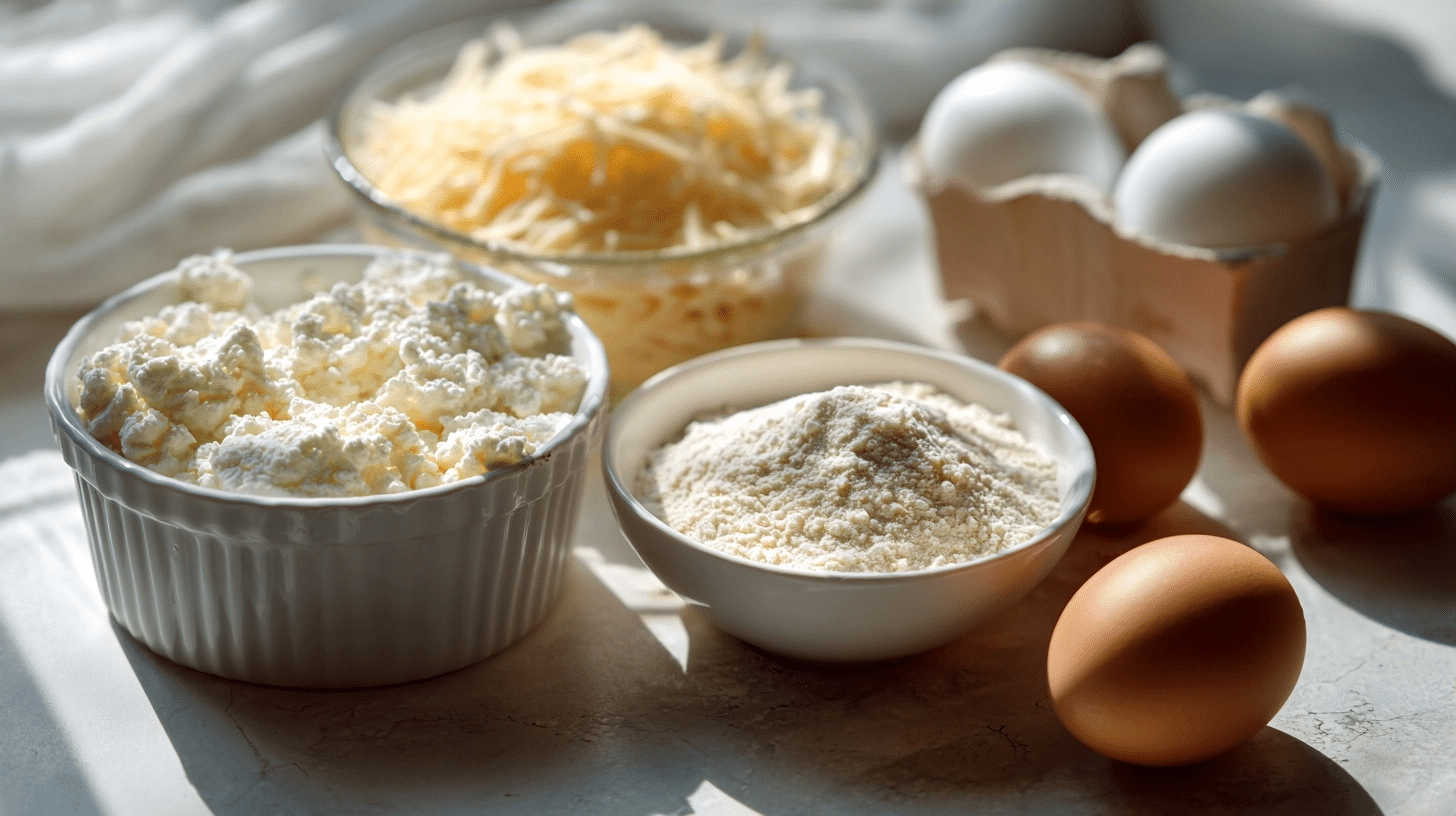 measured ingredients for cottage cheese bagels laid out on marble