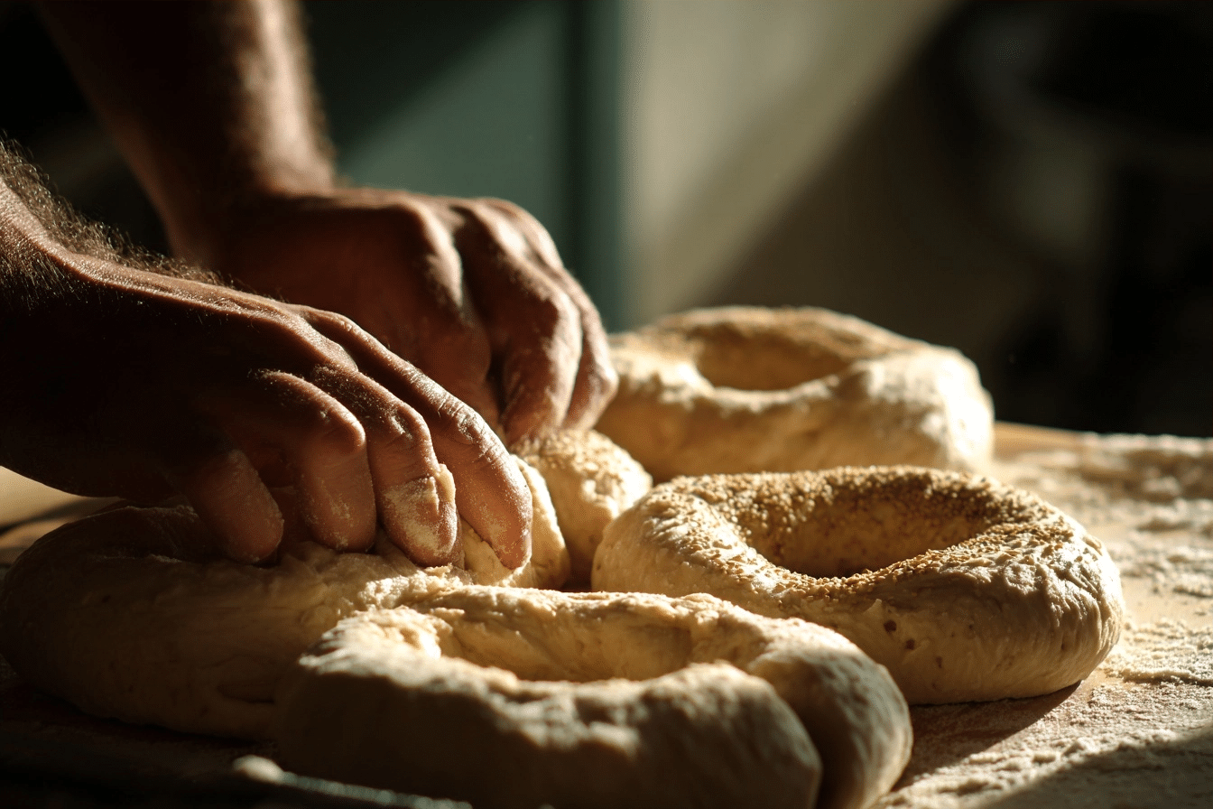 hands shaping cottage cheese bagel dough into rings