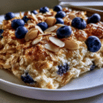 cottage cheese bake topped with blueberries and almonds