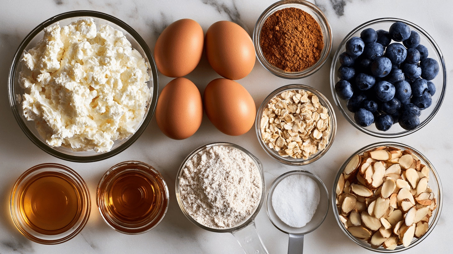 All ingredients laid out measured ingredients for cottage cheese bake