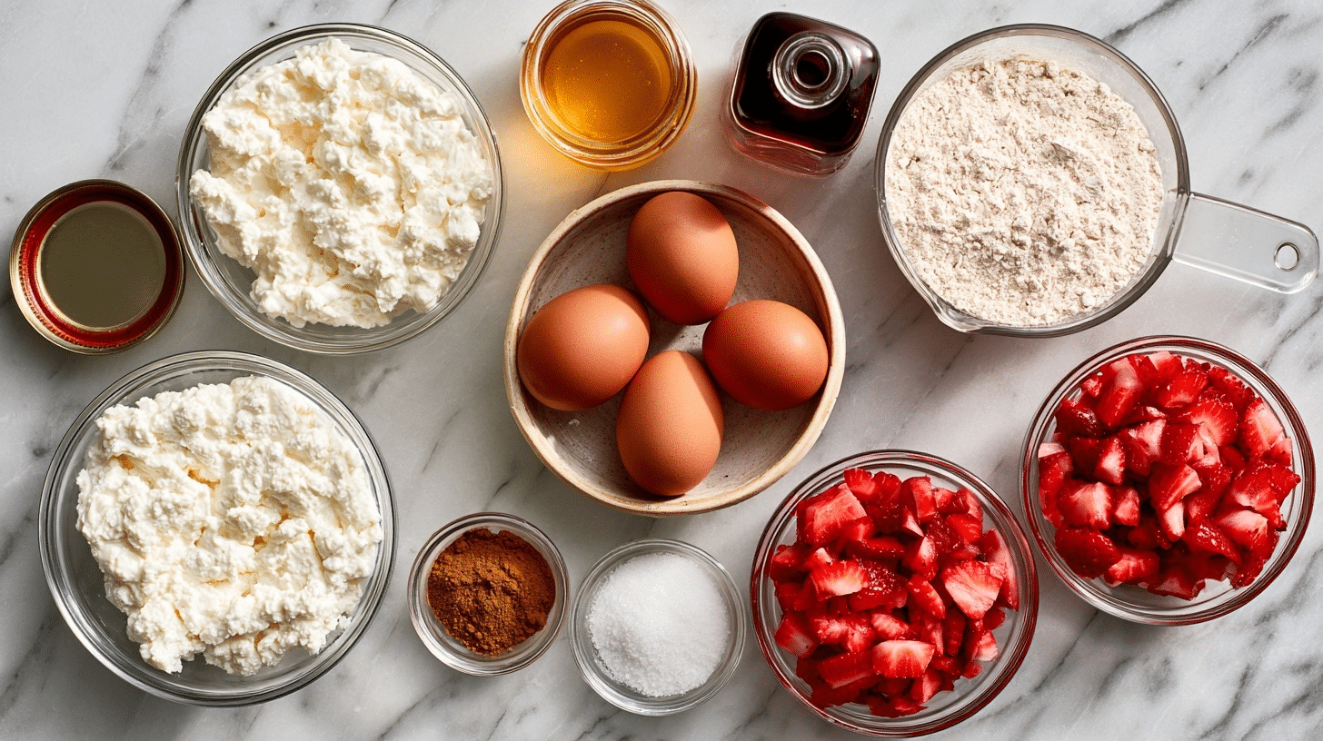 Simple Pantry Ingredients measured ingredients for cottage cheese bowls including strawberries and oat flour