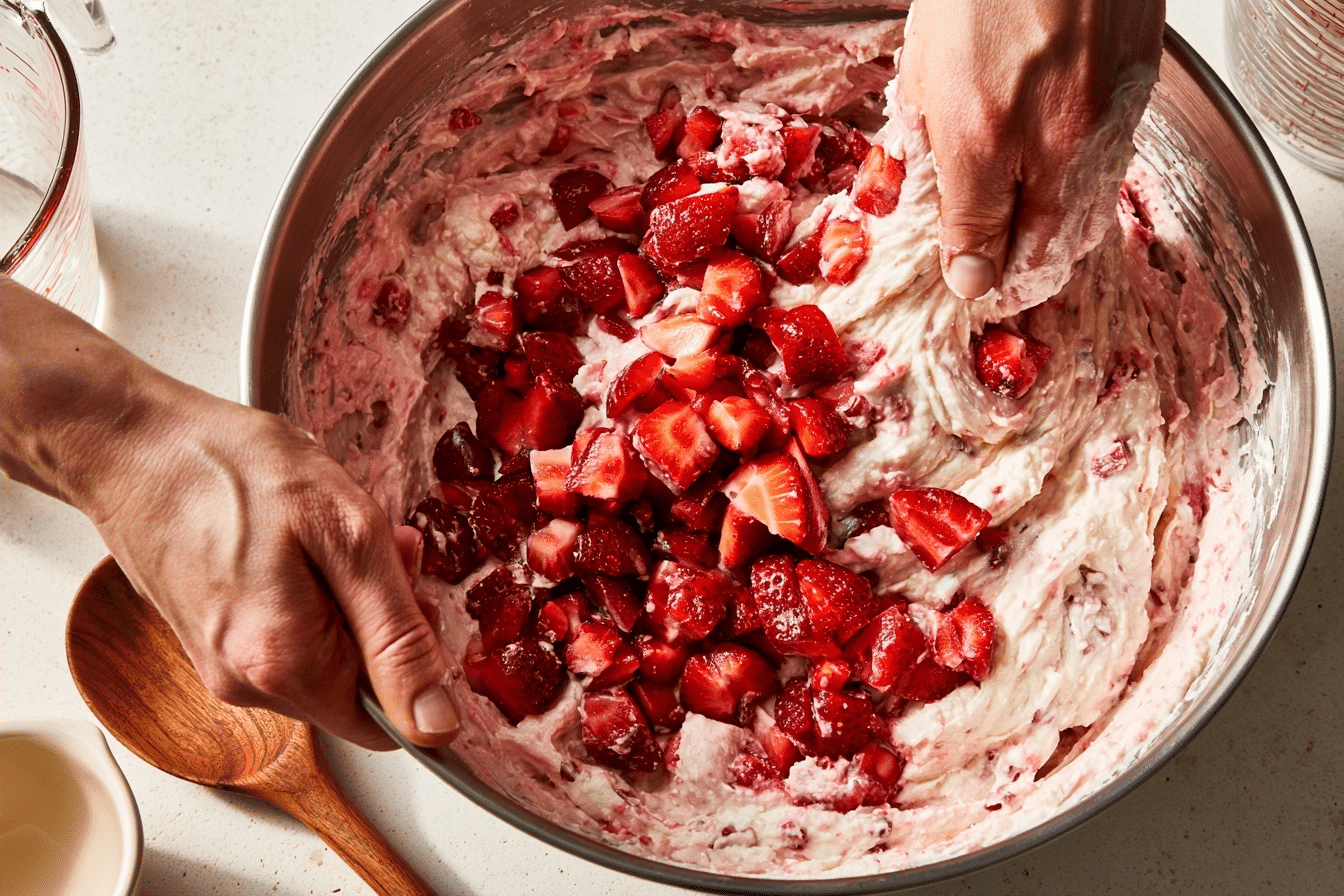 Easy One-Bowl Method step-by-step process of blending cottage cheese and folding in strawberries