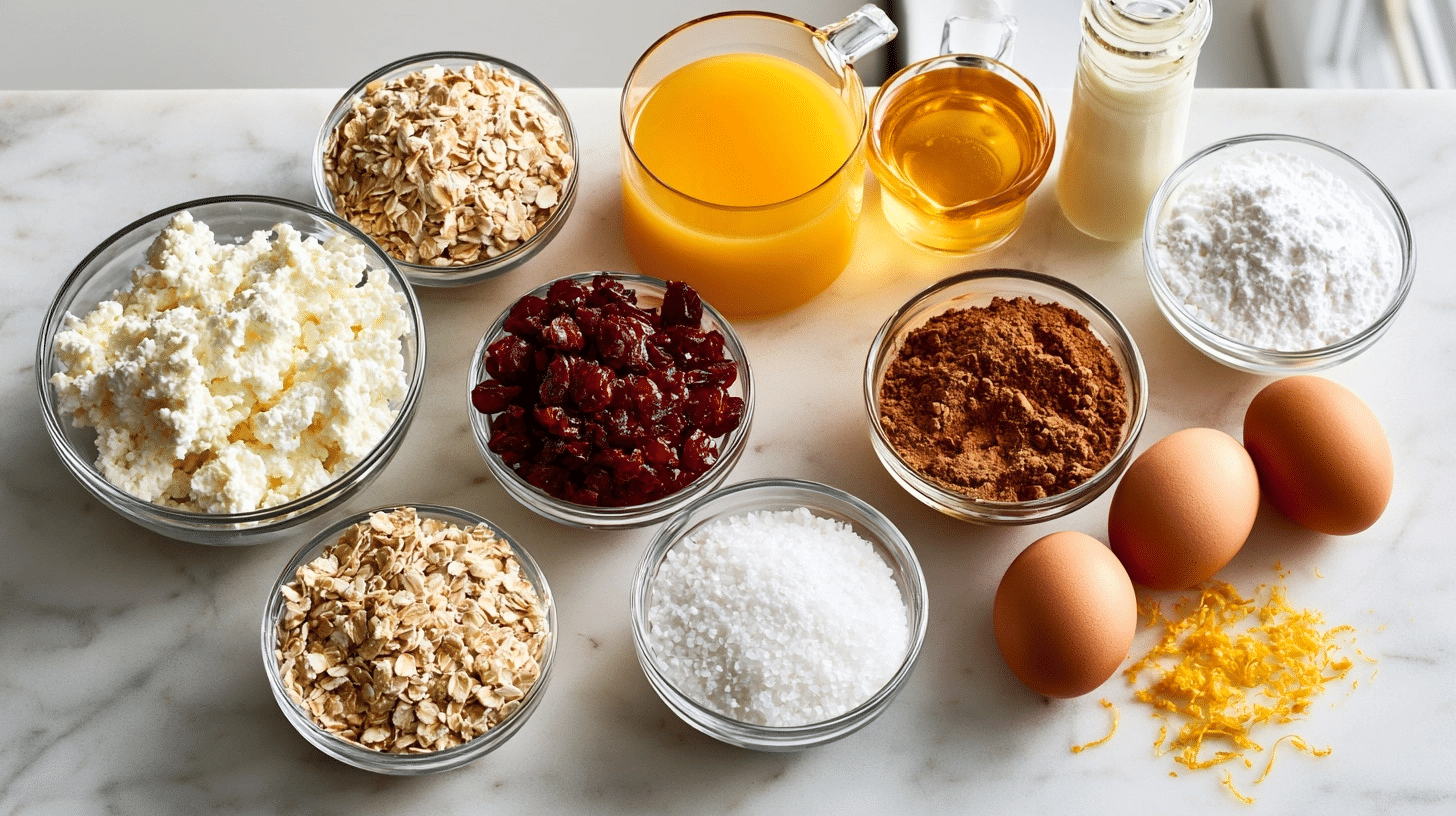 measured ingredients for cottage cheese breakfast bake on marble counter