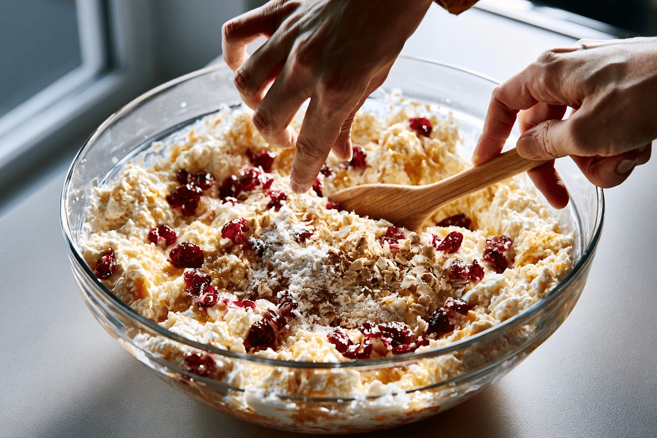 pouring cottage cheese mixture into 9x9 baking dish