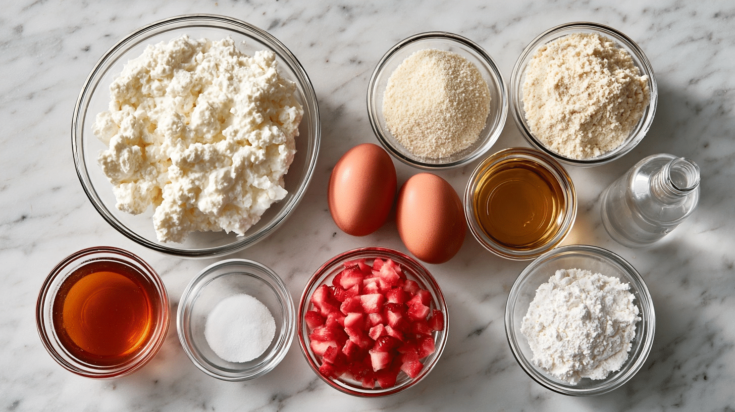 Fresh Ingredients for Cottage Cheese Recipe measured ingredients for cottage cheese bowls including strawberries and almond flour
