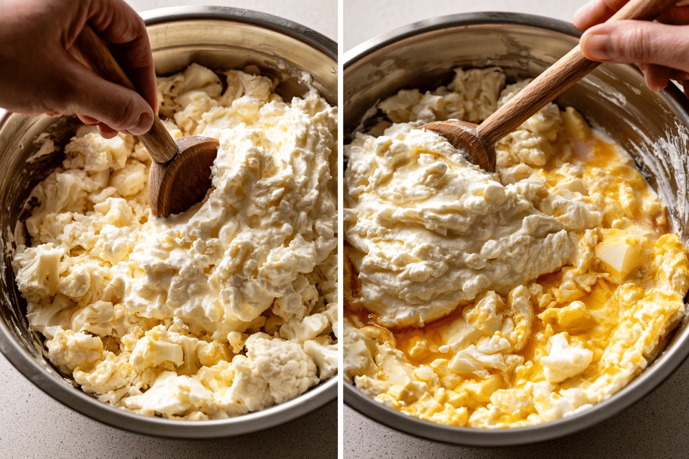 mixing cottage cheese with cauliflower