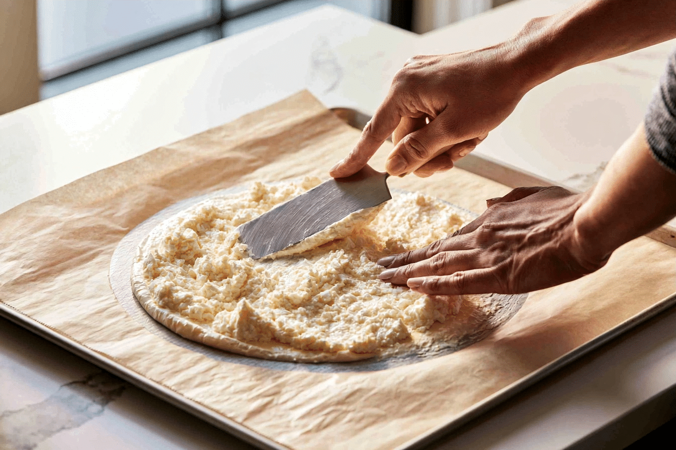 spreading cottage cheese crust batter on parchment paper
