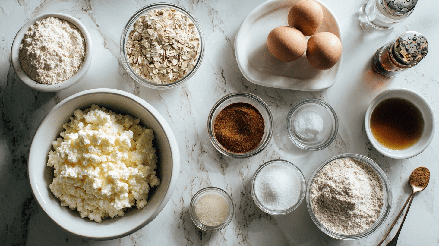 measured ingredients for cottage cheese pancakes recipe