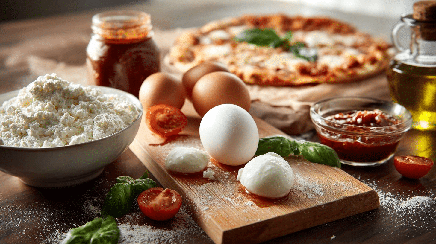 Ingredients for cottage cheese pizza laid out on marble countertop