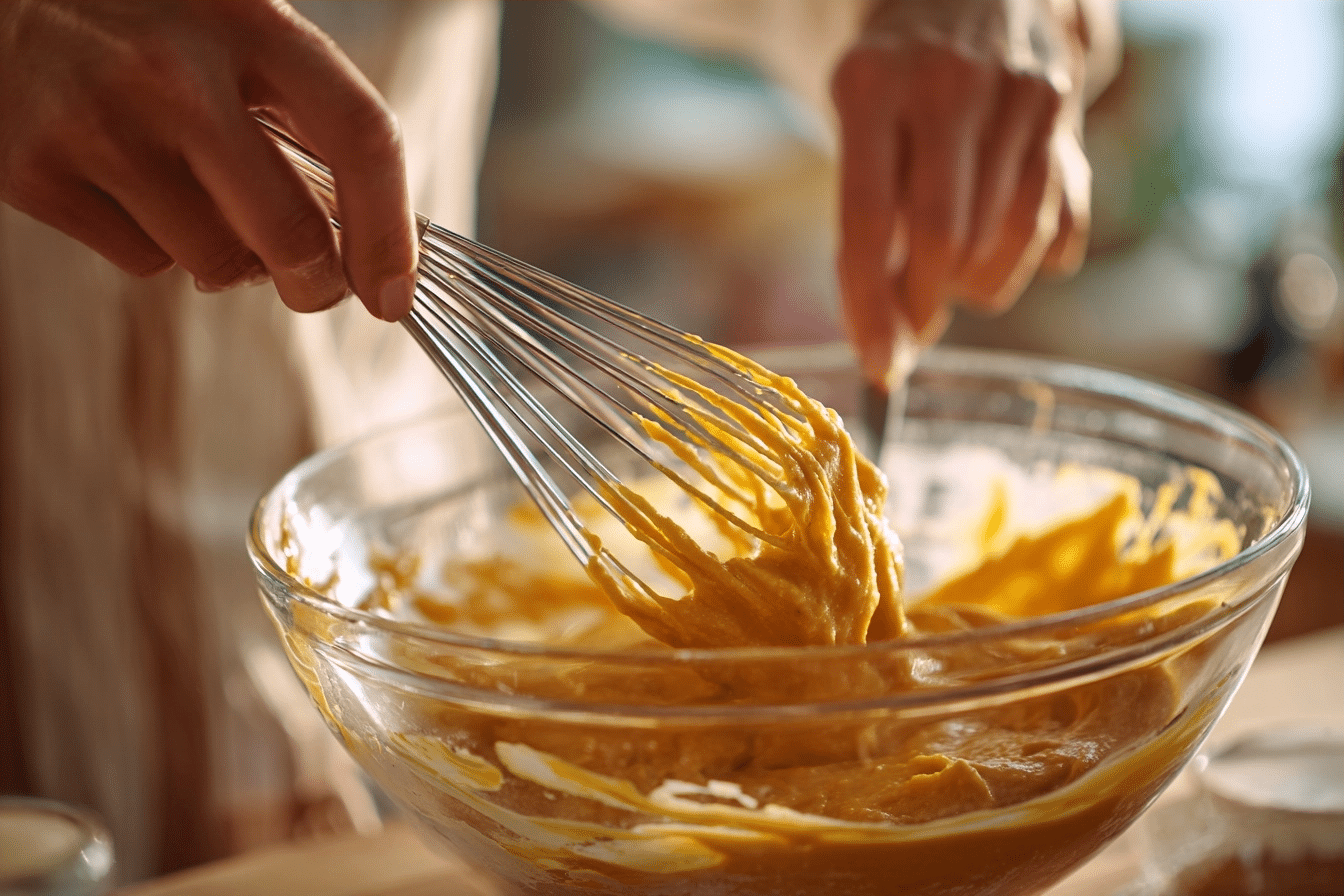 pumpkin cake batter in pan