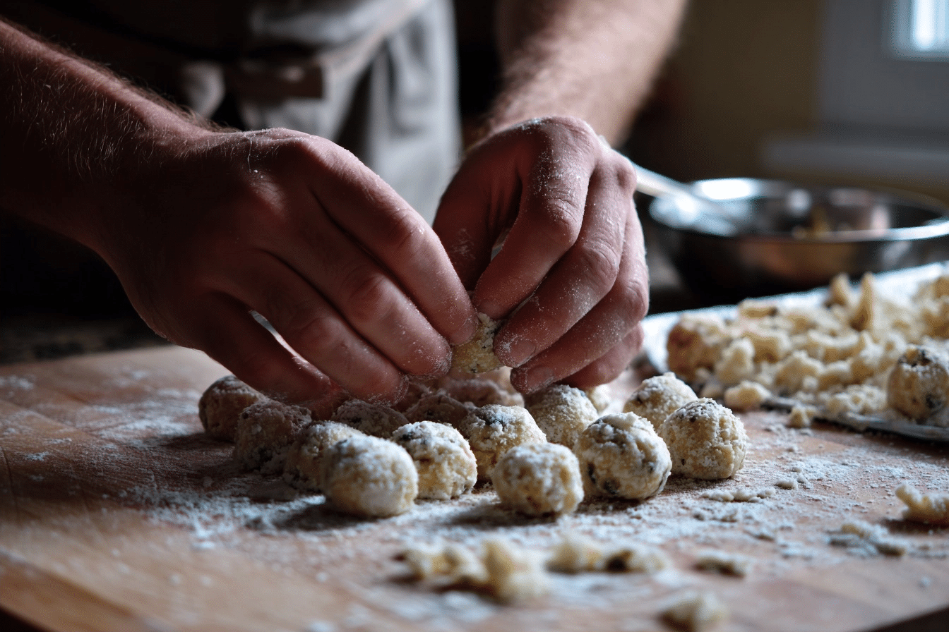Shaping the Bagel Bites Hands shaping dough into mini bagel bites before air frying
