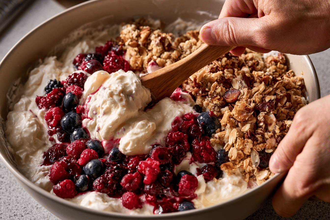 step-by-step berry crumble bowls in ramekins