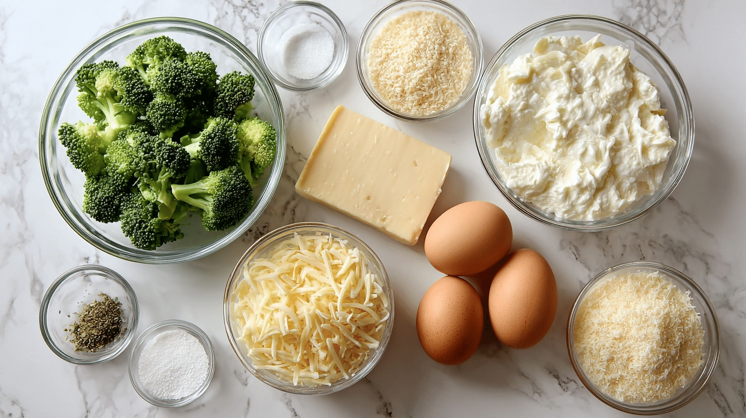 Fresh ingredients for broccoli bake laid out on counter