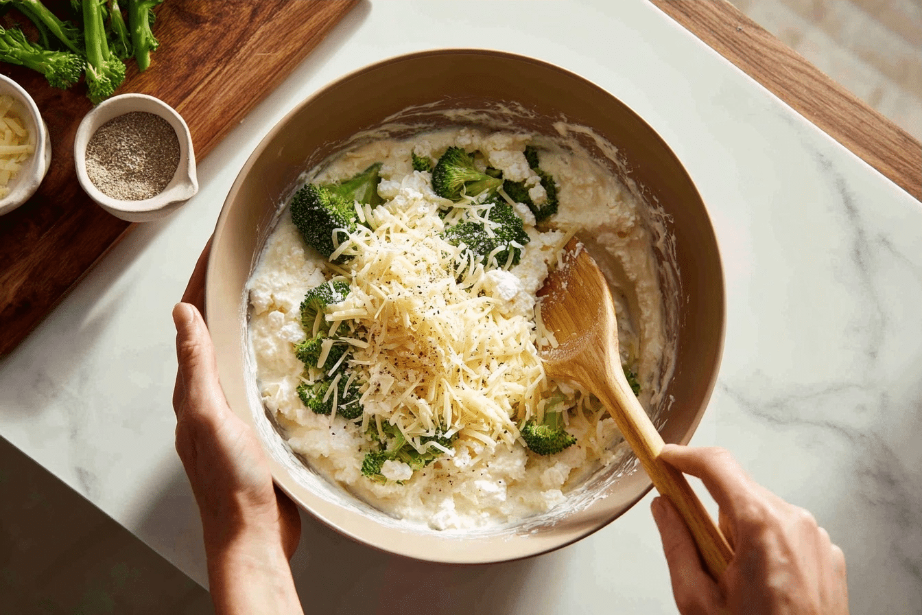 Step-by-step process of assembling broccoli bake