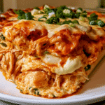 Buffalo Chicken Bake Recipe 2 buffalo chicken bake in a white casserole dish topped with melted cheese and green onions