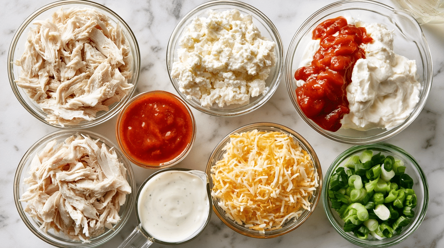 Buffalo Chicken Ingredients ingredients for buffalo chicken bake including shredded chicken, cottage cheese, hot sauce, ranch, and mozzarella