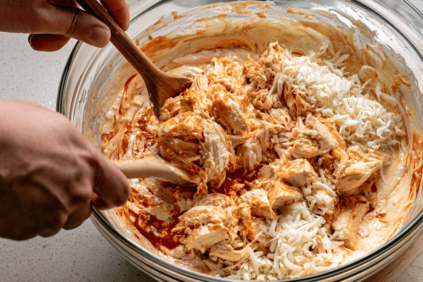 How to Make Buffalo Chicken Bake step by step process of making buffalo chicken bake from mixing to baking