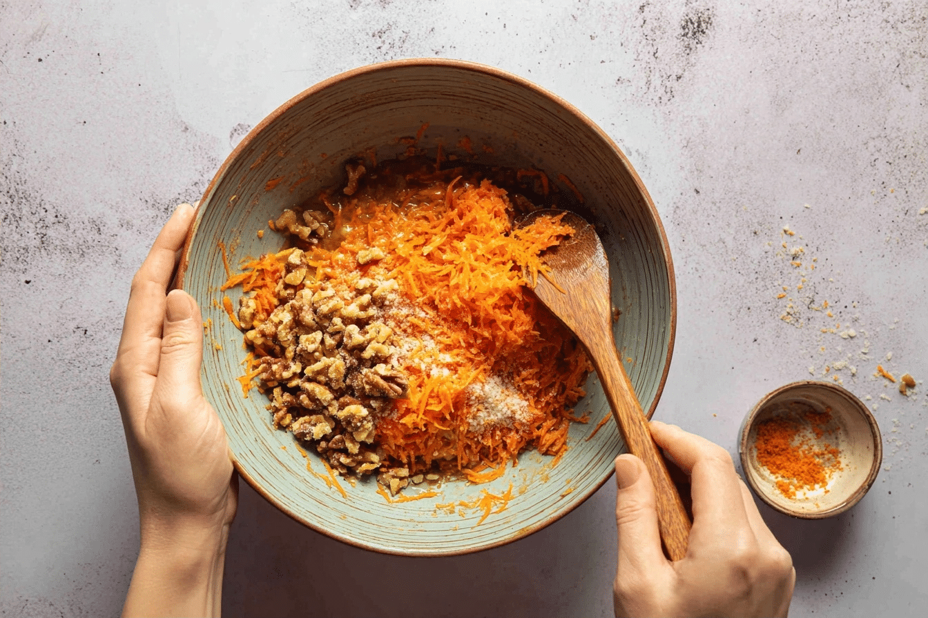 pouring carrot cake batter into pan