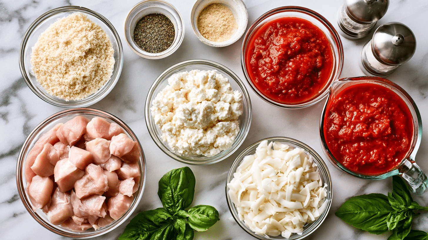 ingredients for chicken parmesan cottage cheese bake