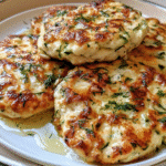 Golden chicken patties on a plate with lemon wedges