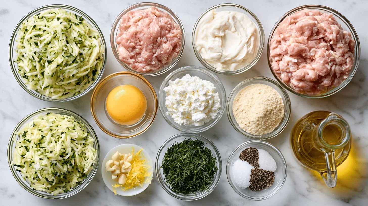 Ingredients for chicken patties laid out on marble