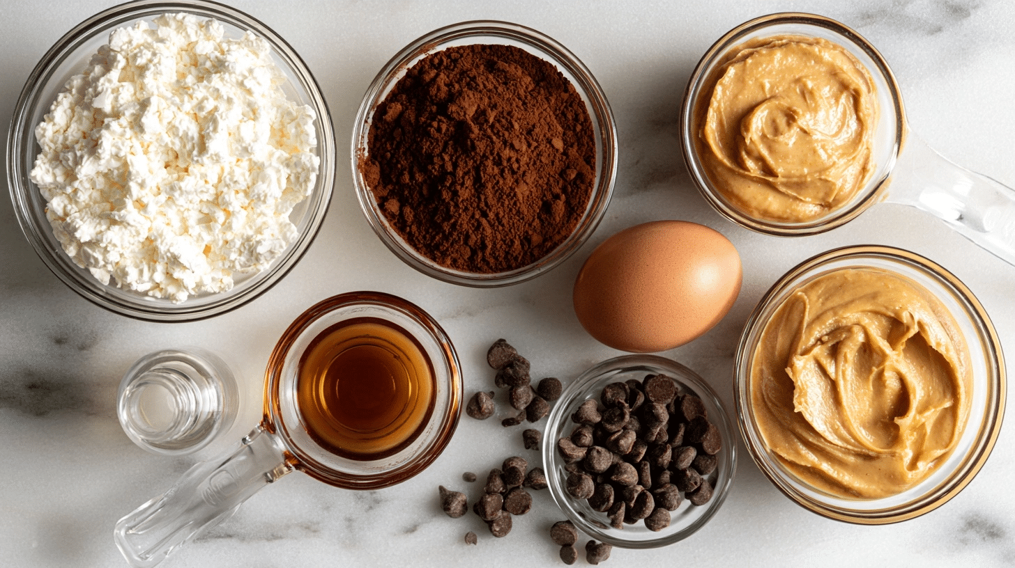 Mug Cake Ingredients ingredients for chocolate protein mug cake laid out on counter