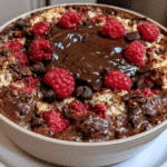 chocolate raspberry baked oats in baking dish