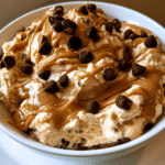 cookie dough bowl topped with chocolate chips