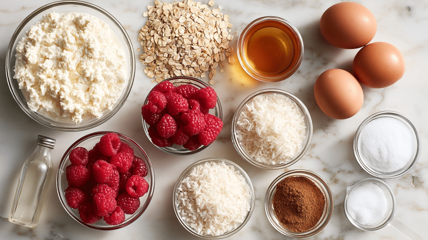 All Ingredients Laid Out measured ingredients for cottage cheese bake