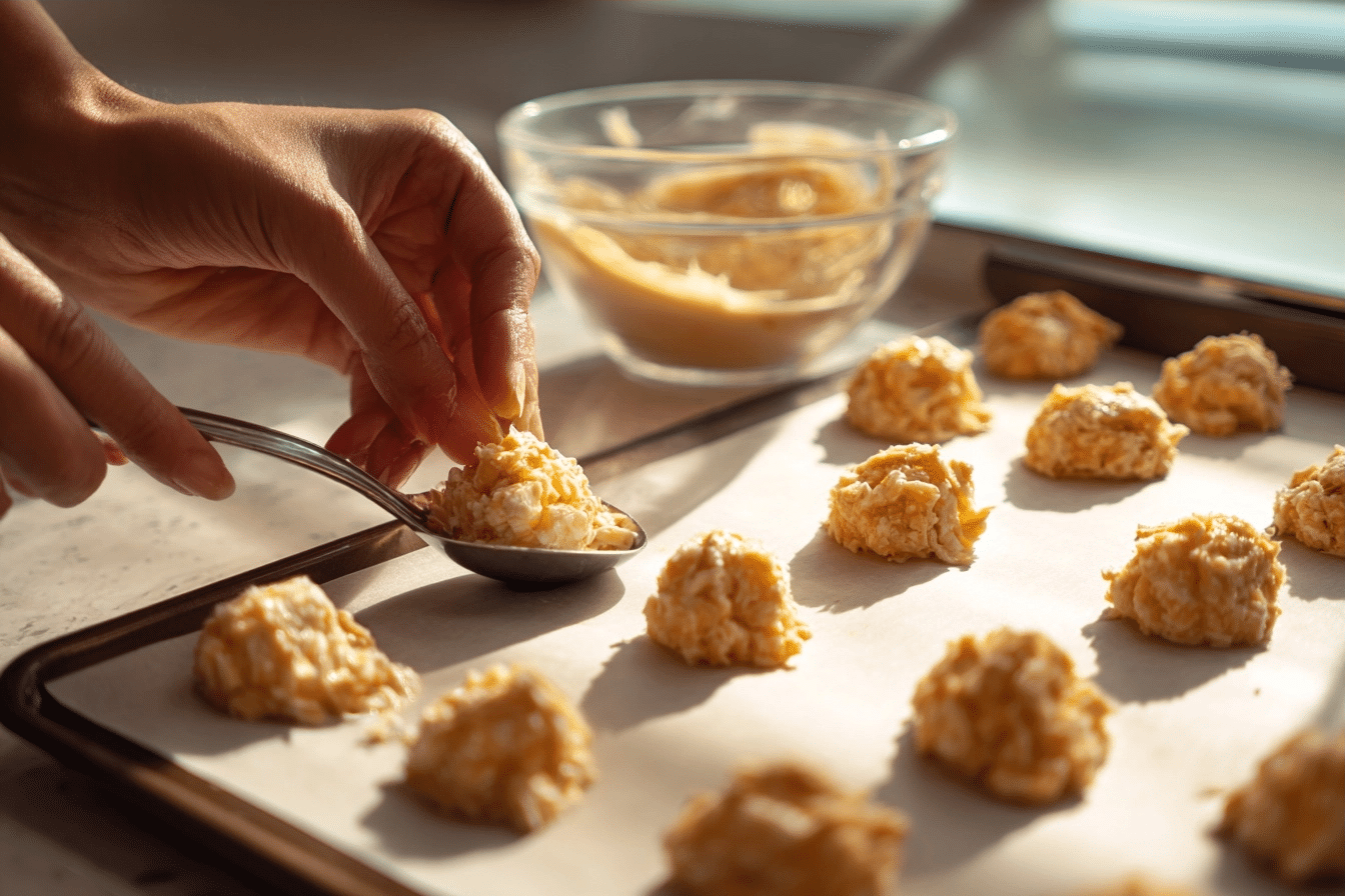 scooping cottage cheese bites onto a baking sheet