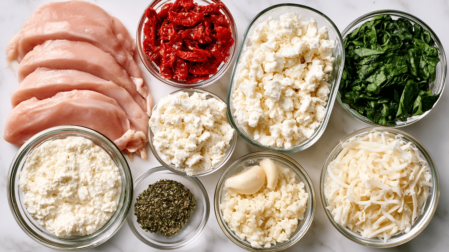 ingredients for cottage cheese chicken rolls laid out on marble