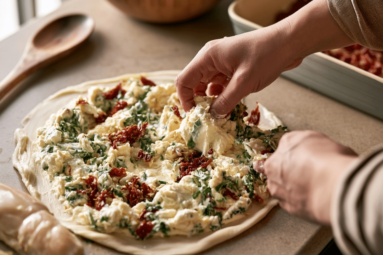step-by-step cottage cheese chicken rolling