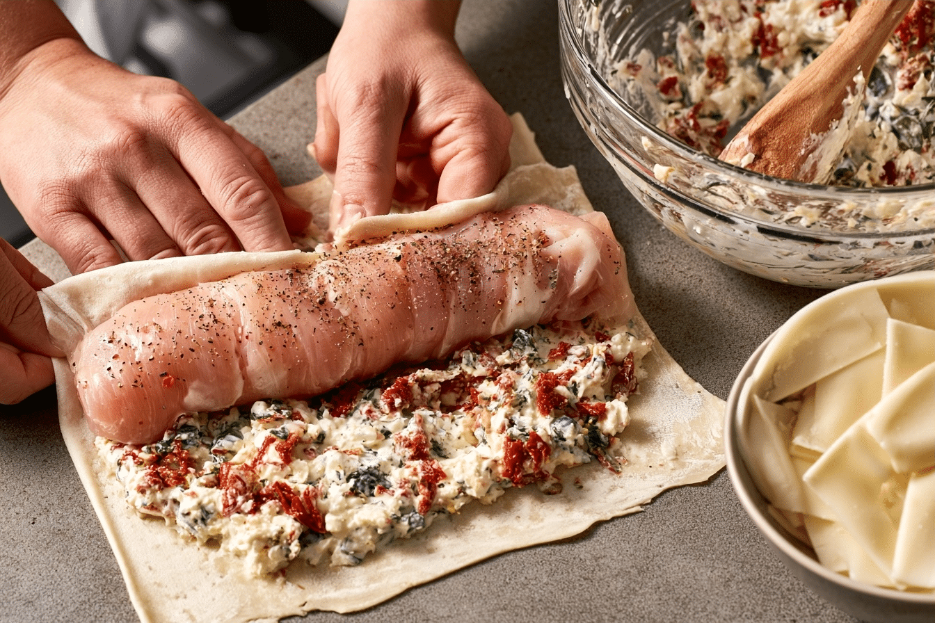 step-by-step cottage cheese chicken roll assembly