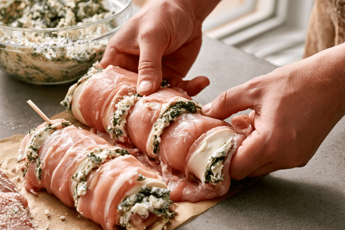rolling chicken around cottage cheese filling