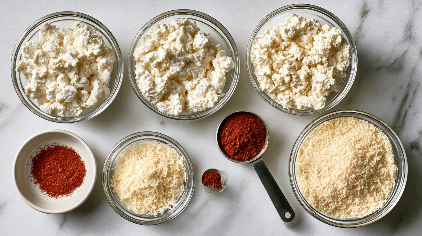 Cottage Cheese Chip Ingredients Ingredients for cottage cheese chips including cottage cheese, parmesan, and ranch seasoning