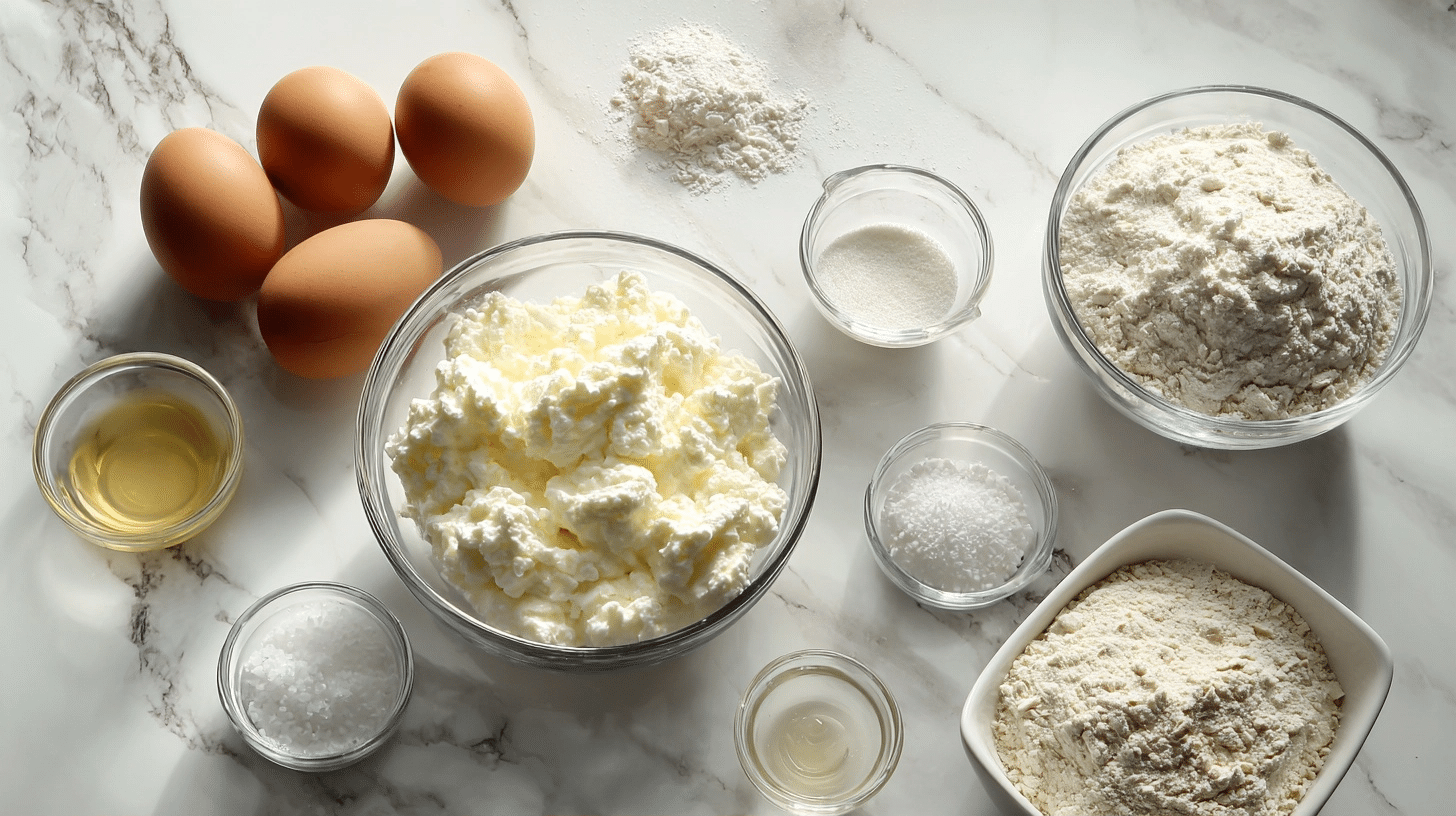 cottage cheese, eggs, and oat flour measured for crepes